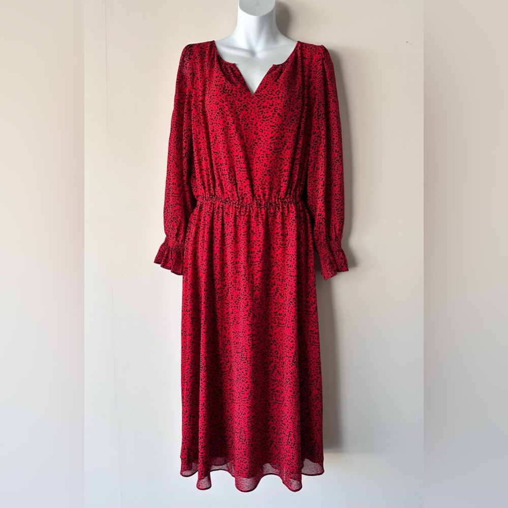 Talbots Red & Black Cheetah Print Cottagecore Dark Romance Midi Dress Size 8
